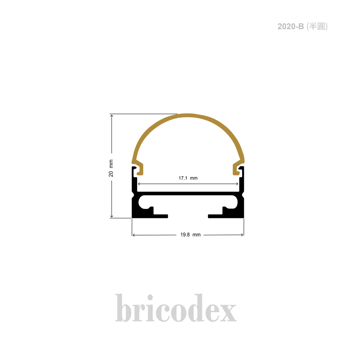 19.8 x 20 mm LED Channel _ U3D Series _ Model(HL) _ 2020-B (半圓)