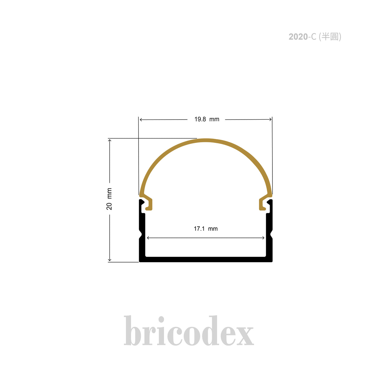 19.8 x 20 mm LED Channel _ U3D Series _ Model(HL) _ 2020-C (半圓)